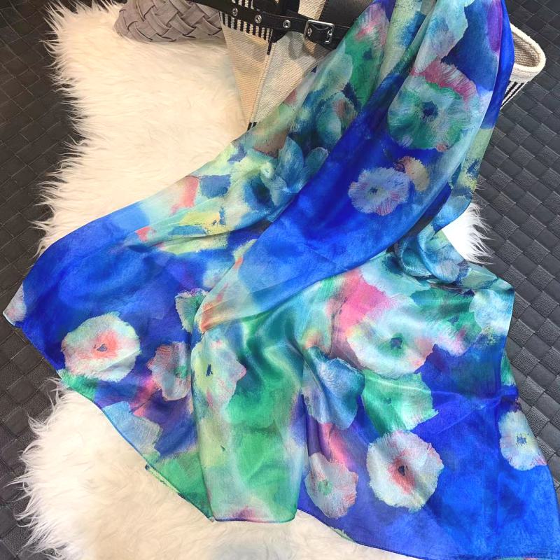 Scarf 100% Silk Paj Flower Blue Green